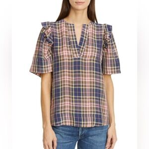 Sea New York Rooney Multicolor Plaid Ruffle Shoulder V-Neck Top, size 10